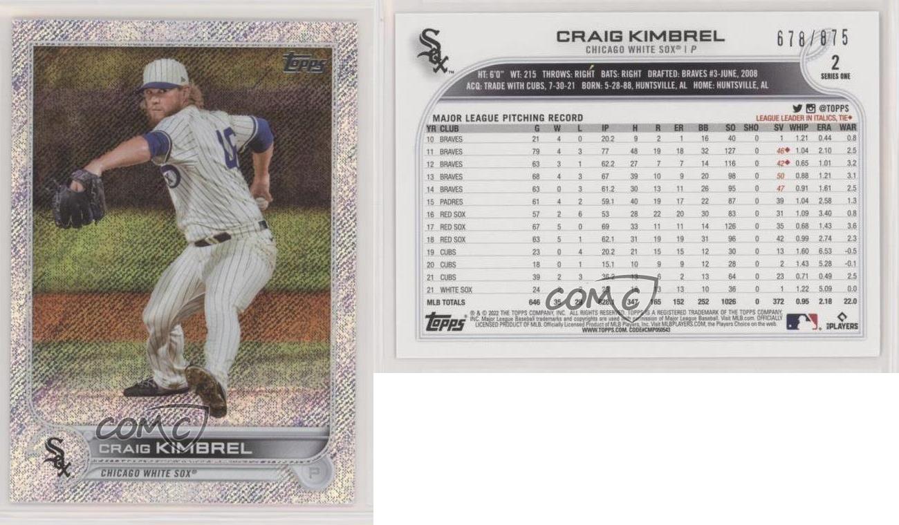  2022 Topps Series 1 Baseball #2 Craig Kimbrel Chicago White Sox  Official MLB Trading Card (Stock photo shown, card is straight from Pack  and Box in Raw, Ungraded Near Mint to