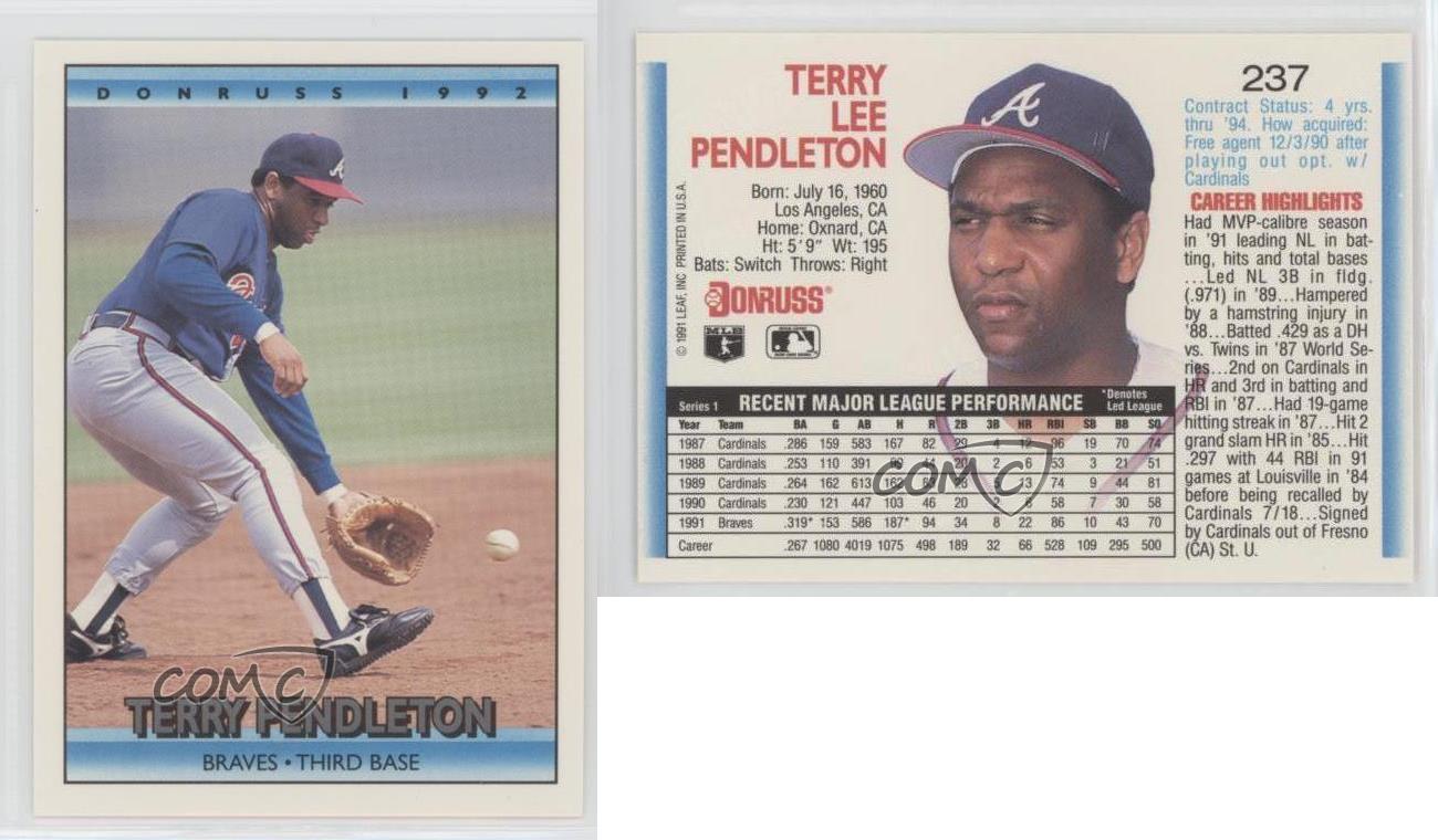  1992 Donruss Baseball Card #237 Terry Pendleton : Collectibles  & Fine Art