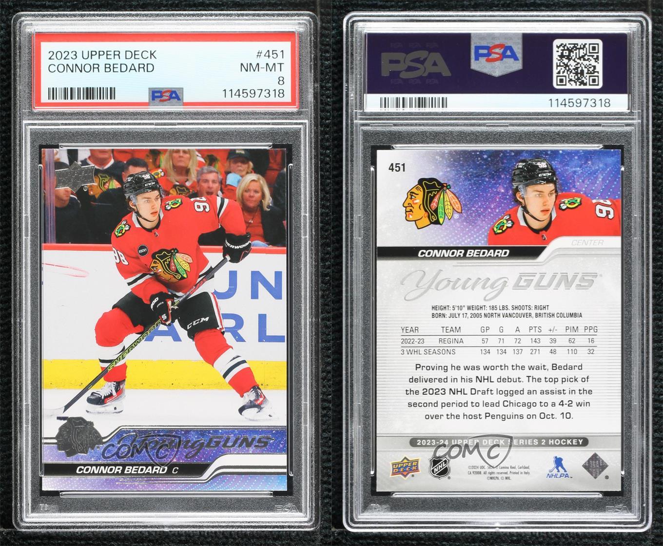 2023-24 Upper Deck Series 2 Young Guns Connor Bedard #451 PSA 8 Rookie RC - Picture 4 of 7