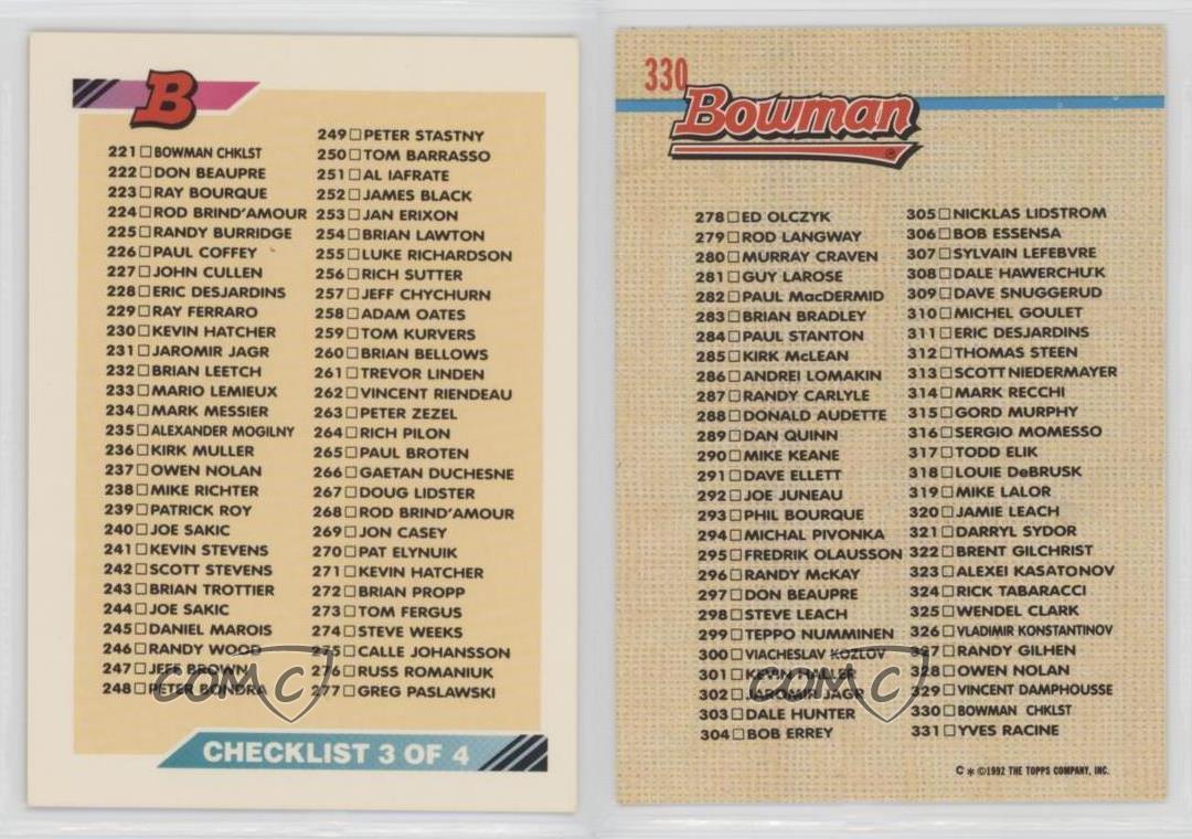 1992-93 Bowman Checklist #330 - Picture 3 of 4