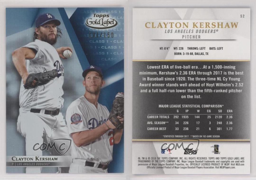 2018 Topps Gold Label Clase 1 Azul/150 Clayton Kershaw #52 - Imagen 3 de 4