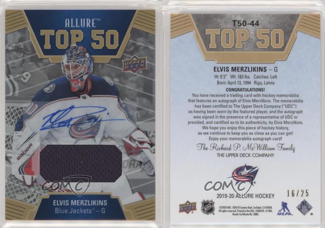 2019-20 Upper Deck Allure - Top 50 - Auto Jersey #T50-44 - Elvis Merzlikins  /25