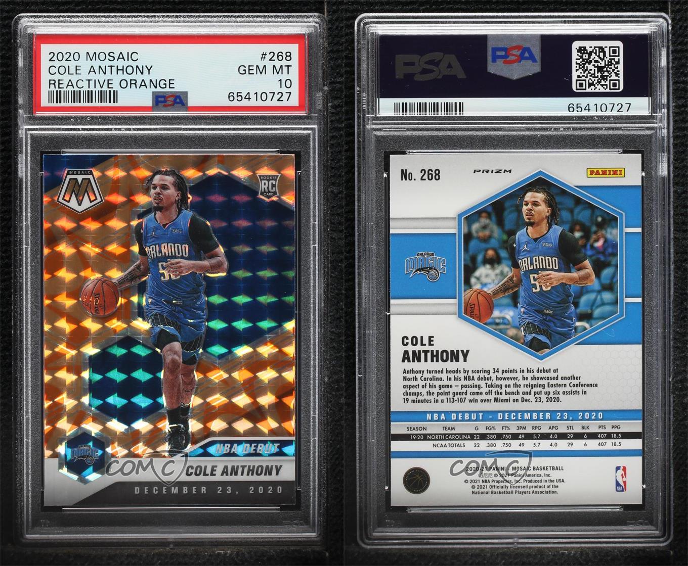 2020 Mosaic NBA Debut Reactive Orange Prizm Cole Anthony PSA 10 GEM MT  Rookie RC