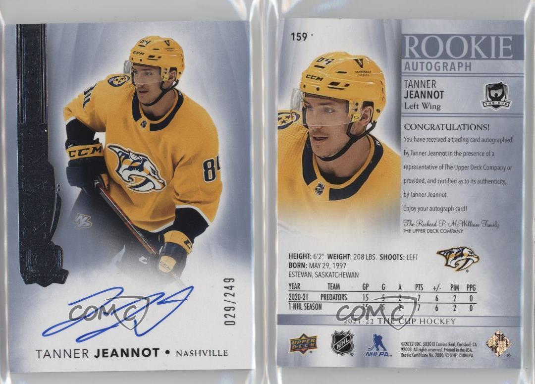 2021-22 officiel Upper Deck The Cup Rookie Auto /249 Tanner Jeannot #159 Rookie Auto RC