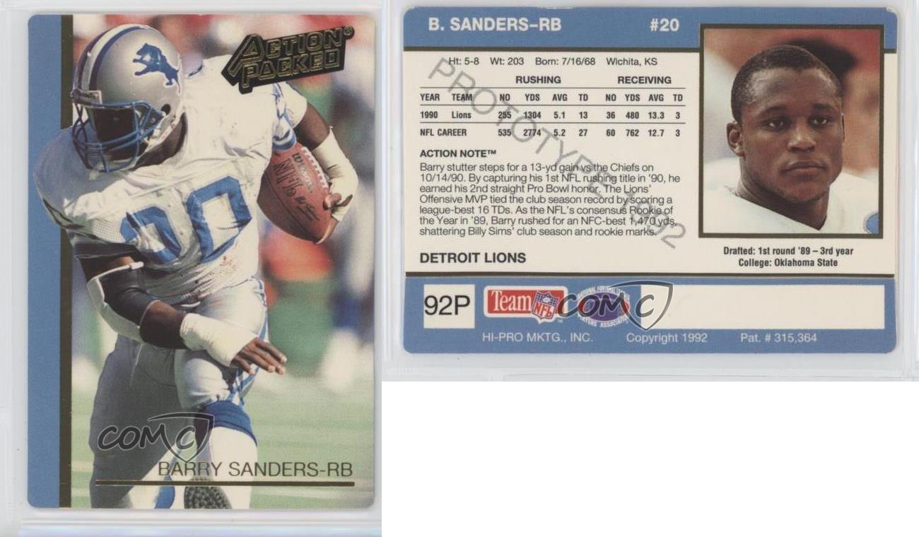 1992 Action Packed Prototypes #92P Barry Sanders Detroit Lions Football ...