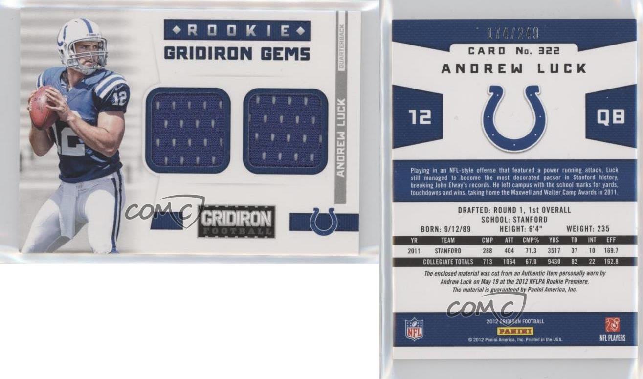 2012 Panini Gridiron Gems Combo Materials /249 Andrew Luck #322 Rookie RC - Picture 4 of 4