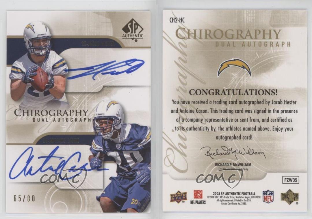 2008 SP Authentic Chirography Dual /80 Jacob Hester Antoine Cason Rookie Auto RC - Picture 3 of 3