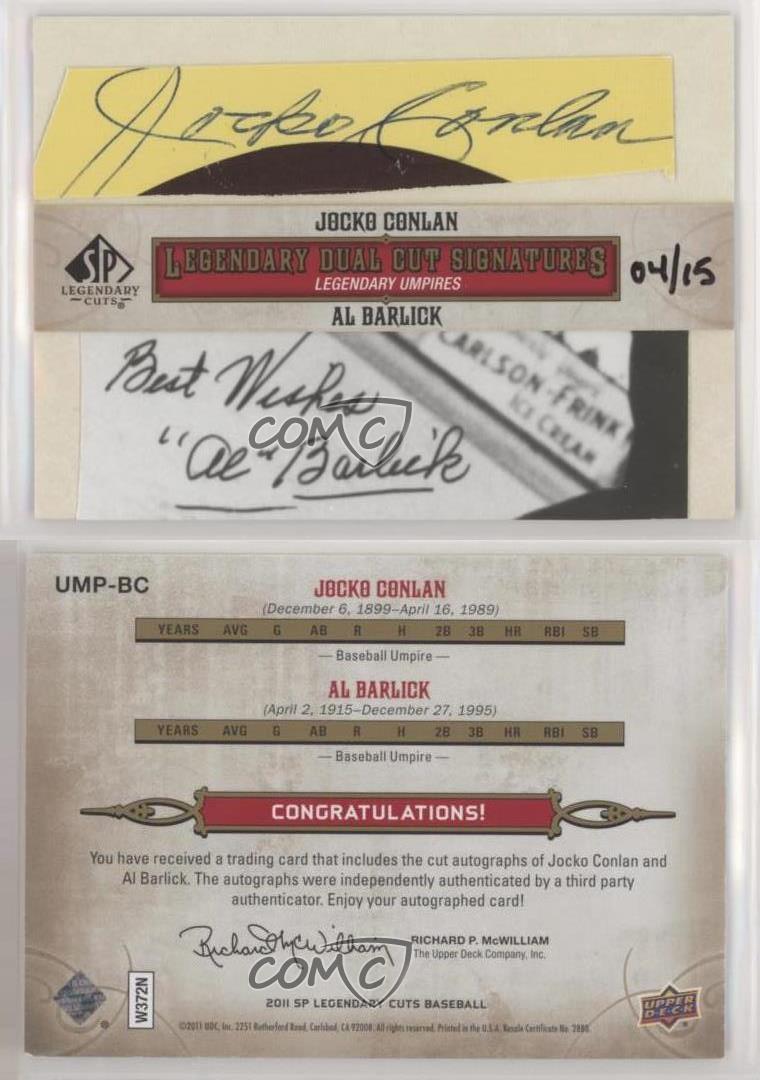 2011 SP Legendary Cuts Dual Cut Sgnatures /15 Jocko Conlan Al Barlick Auto HOF - Picture 3 of 4