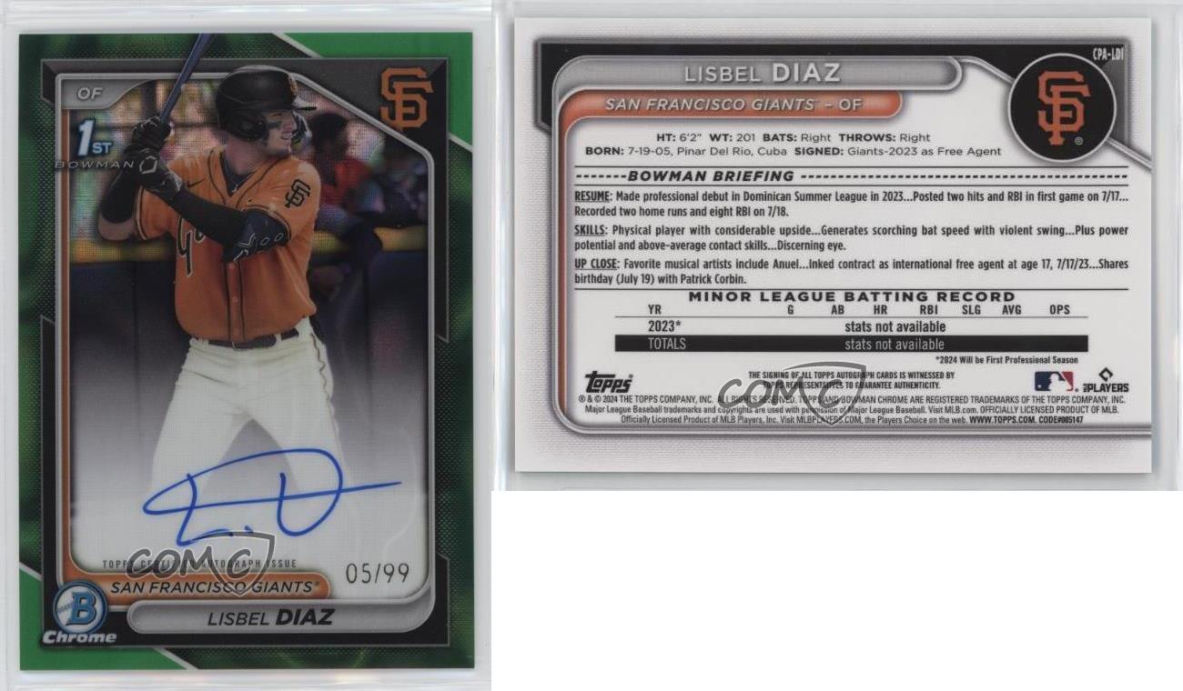 2024 Bowman Chrome Prospect Green Lava Refractor /99 Lisbel Diaz #CPA-LDI Auto - Bild 3 von 3