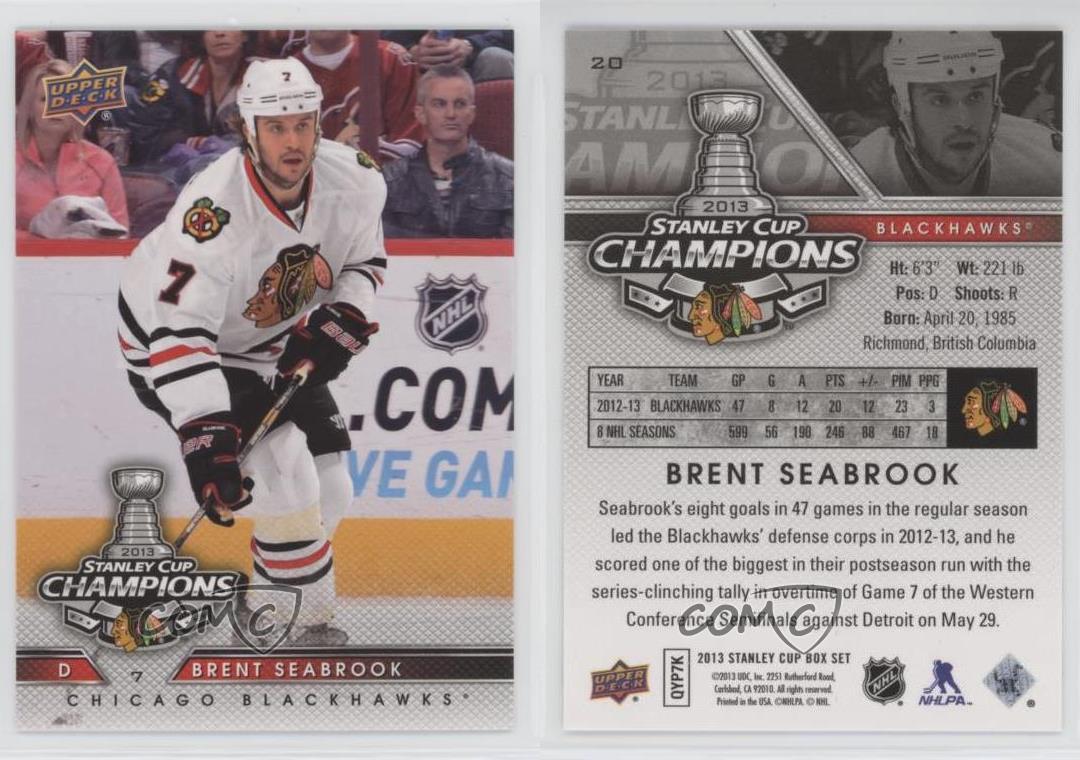 Brent Seabrook Signed Chicago Blackhawks 2013 Upper Deck Stanley Cup Champs  Hockey Card #20 - PSA/DNA