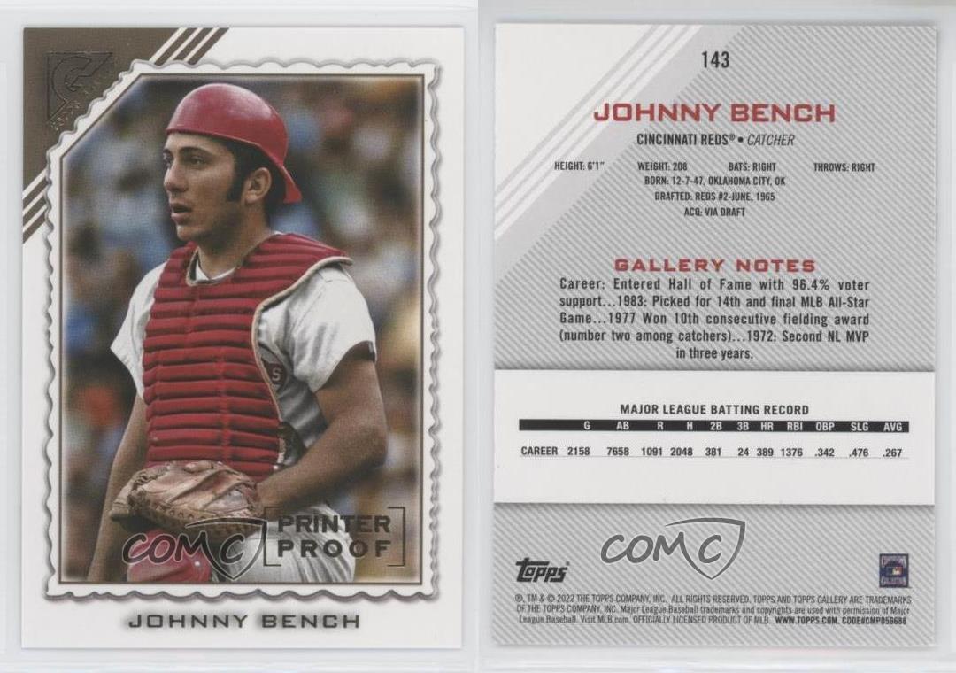 Johnny Bench - 2022 Topps Gallery Baseball card #143 - Reds -C - lot of 2