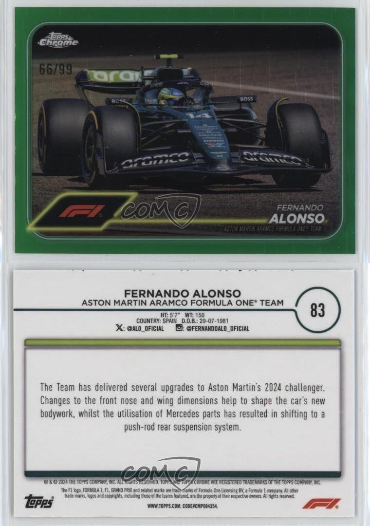 2024 Topps Chrome Formula 1 F1 Cars Green Refractor /99 Fernando Alonso #83