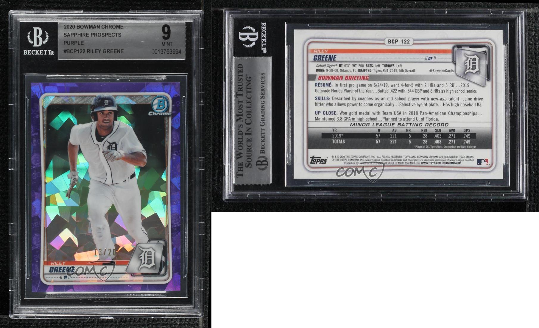 2020 Bowman Chrome Sapphire Edition Purple /20 Riley Greene #BCP-122 BGS 9 MINT - Picture 3 of 3