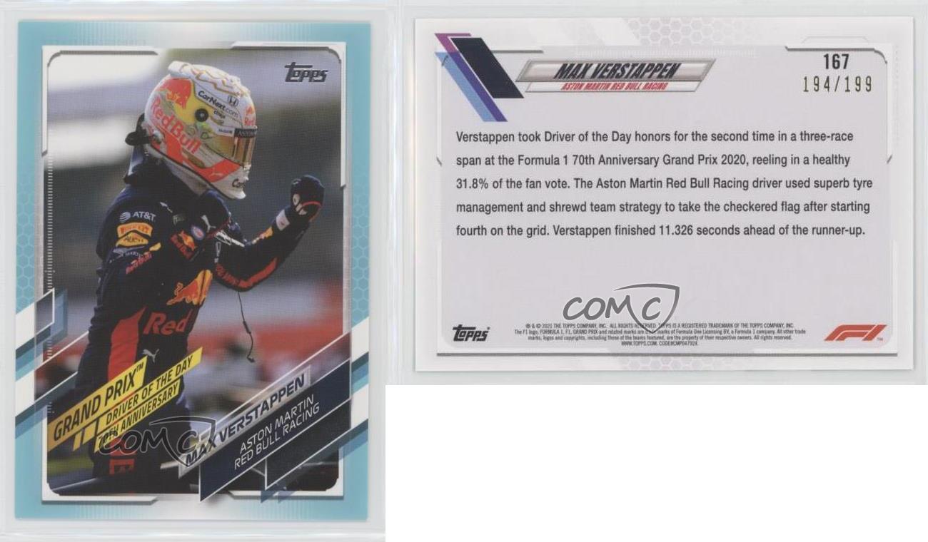 2021 Topps Formula 1 Grand Prix Driver of the Day Aqua /199 Max Verstappen #167