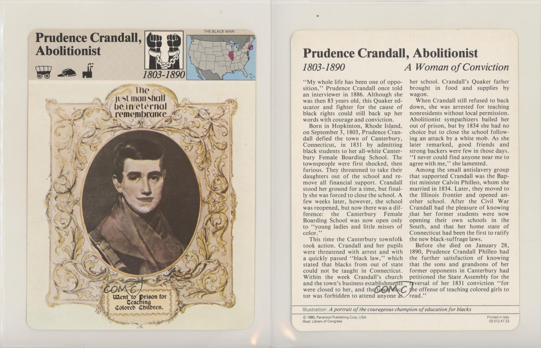PRUDENCE CRANDALL Abolitionist Educator PANARIZON STORY OF AMERICA CARD 