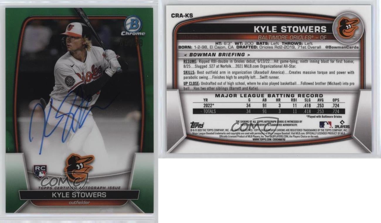 2023 Bowman Chrome Rookie Auto Green Refractor /99 Kyle Stowers #CRA-KS Auto RC - Bild 3 von 3