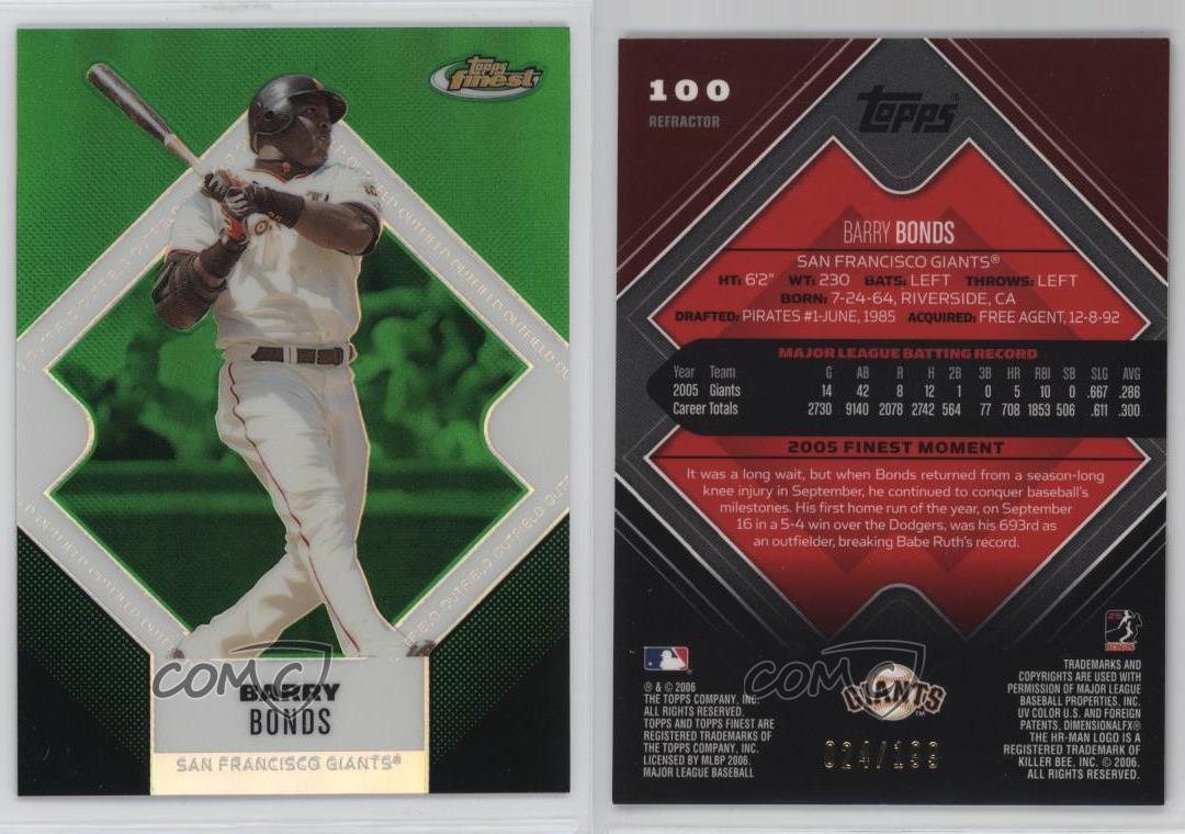 2006 Topps Finest Green Refractor /199 Barry Bonds #100 - Picture 3 of 3