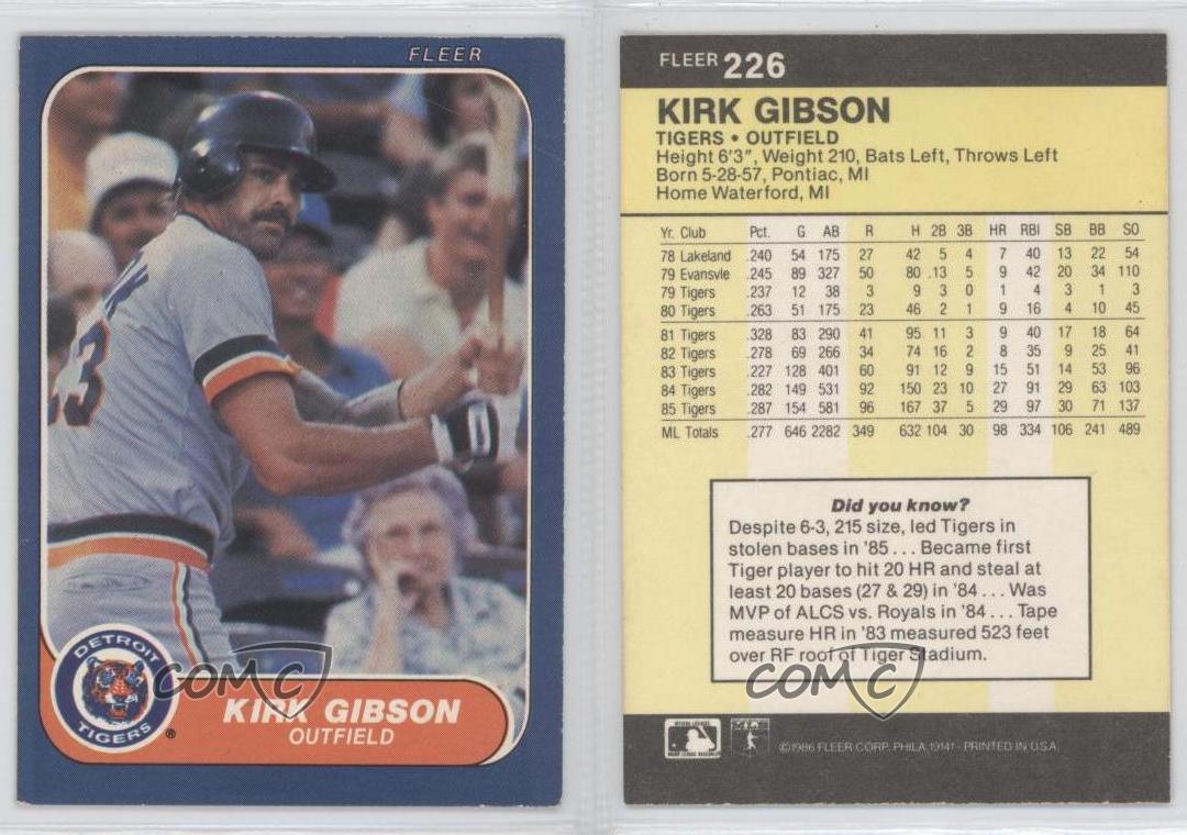 1986 Fleer 226 Kirk Gibson Detroit Tigers Baseball Card eBay