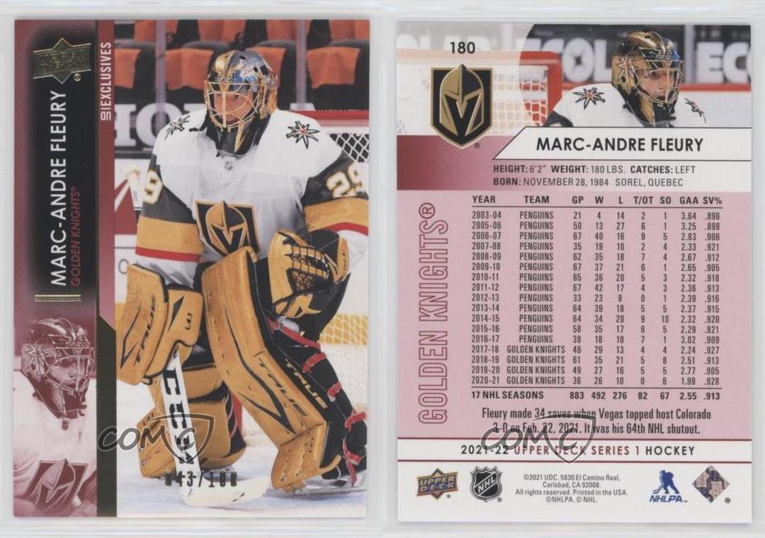 Serie 1 exclusiva de cubierta superior 2021-22/100 Marc-Andre Fleury #180 - Imagen 4 de 4