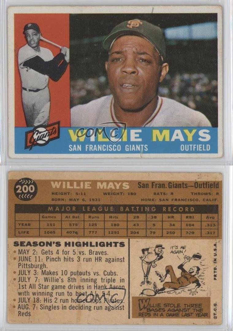 1960 Topps 200 Willie Mays San Francisco Giants Baseball Card eBay