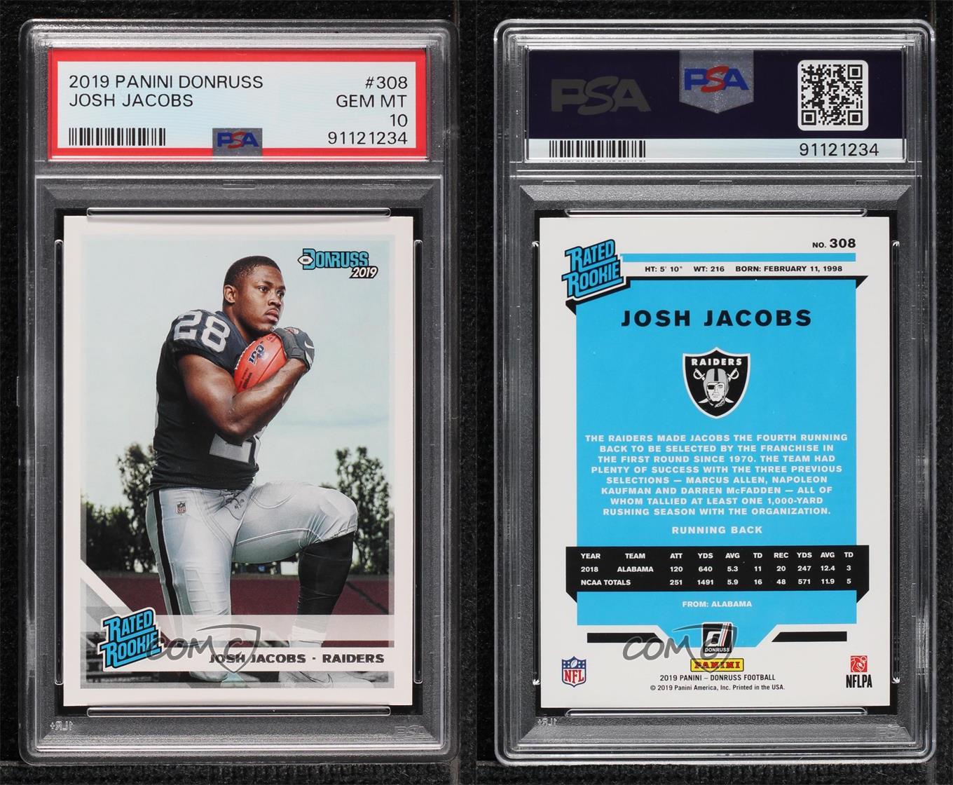 2019 Panini Donruss Rated Rookie Josh Jacobs #308 PSA 10 GEM MT Rookie RC