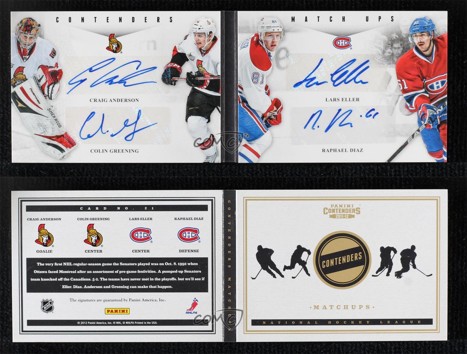 2011 Playoff Contenders Colin Greening Craig Anderson Lars Eller Rookie Auto RC - Picture 3 of 3