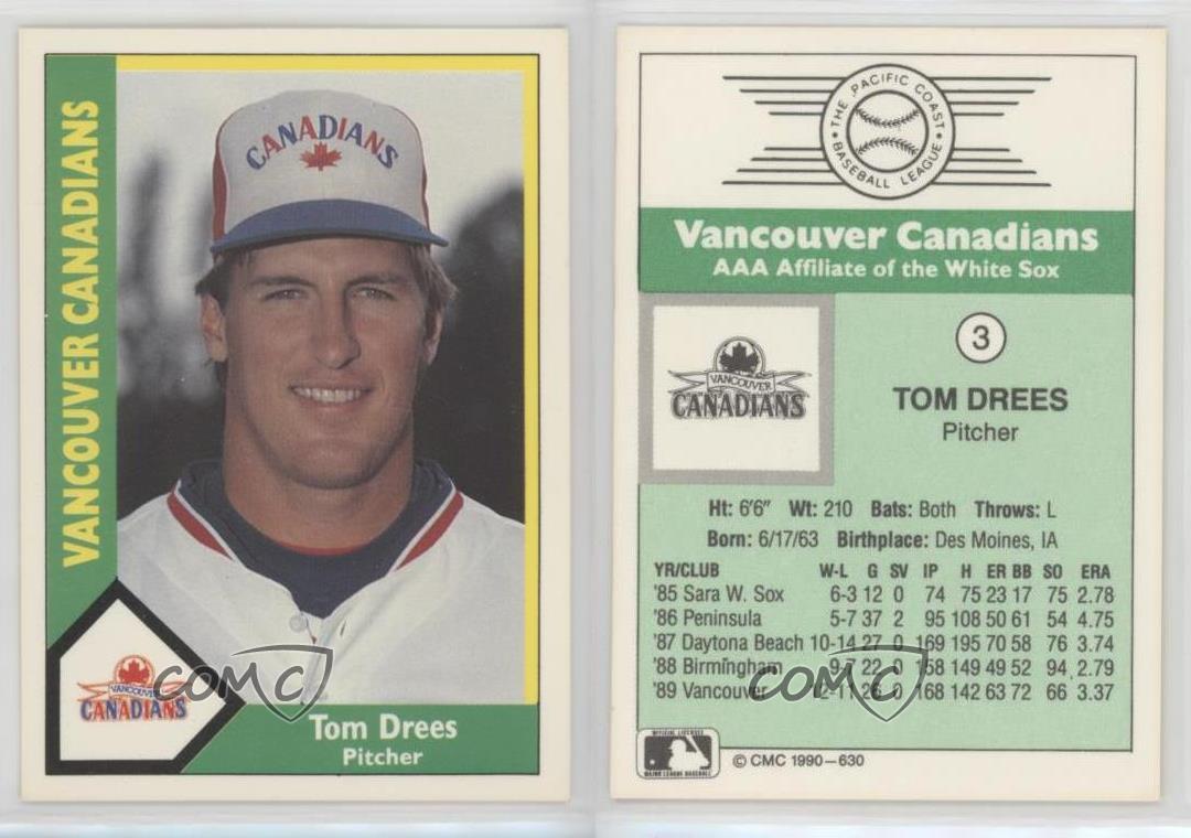 1990 CMC AAA Vancouver Canadians Green Back Tom Drees #3 Rookie RC - Picture 4 of 4