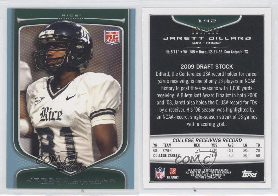 2009 Bowman Draft Picks Blue /199 Jarett Dillard #142 Rookie RC - Foto 4 di 4