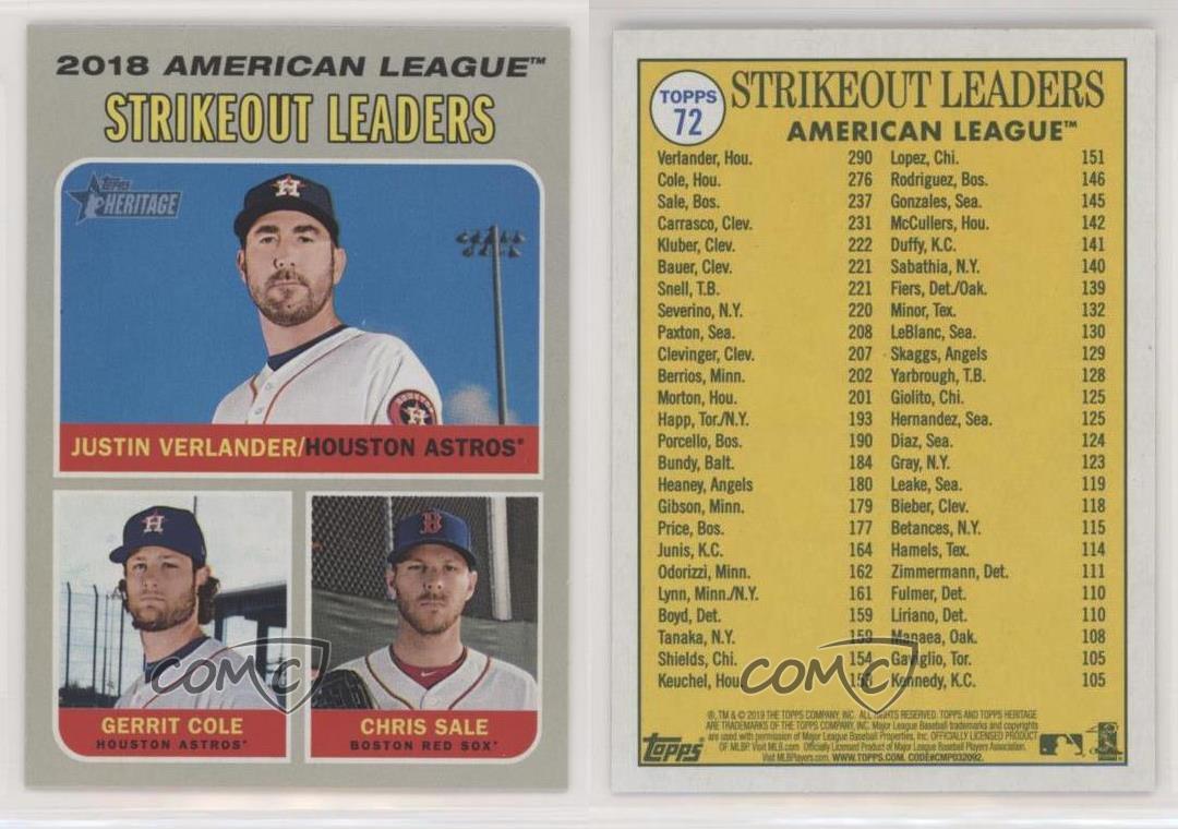 Justin Verlander, Gerrit Cole and Chris Sale 2019 Topps Heritage 2018 AL  Strikeout Leaders Card #72 at 's Sports Collectibles Store