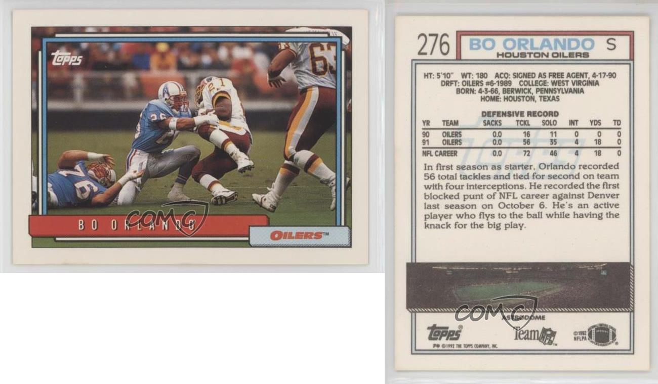 BO ORLANDO HOUSTON OILERS 1992 TOPPS #276 WEST VIRGINIA AUTOGRAPHED CARD