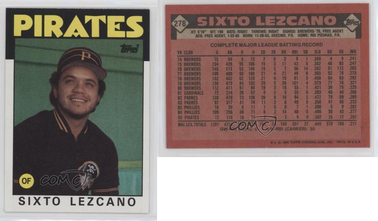  1986 Topps Baseball #278 Sixto Lezcano Pittsburgh