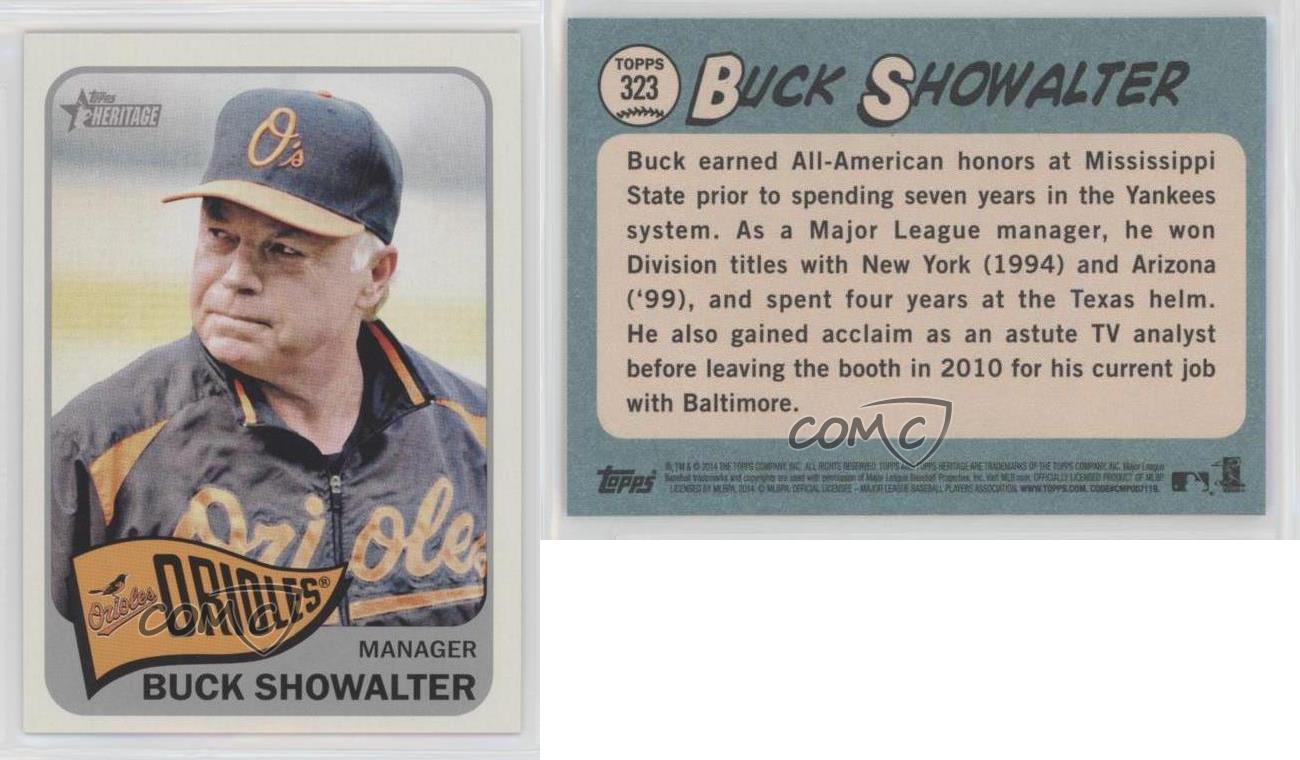 Buck Showalter autographed baseball card (Baltimore Orioles) 2014 Topps  Heritage #323