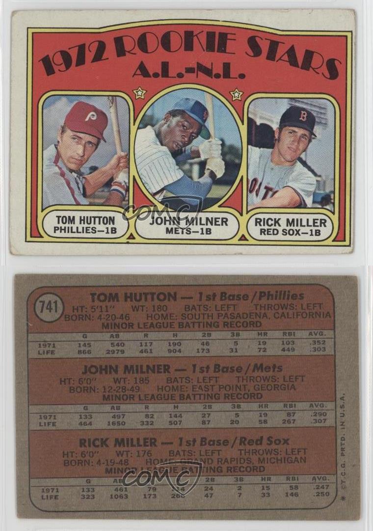 1972 Topps #741 Rookie Stars AL-NL Tom Hutton John Milner Rick Miller Tom RC