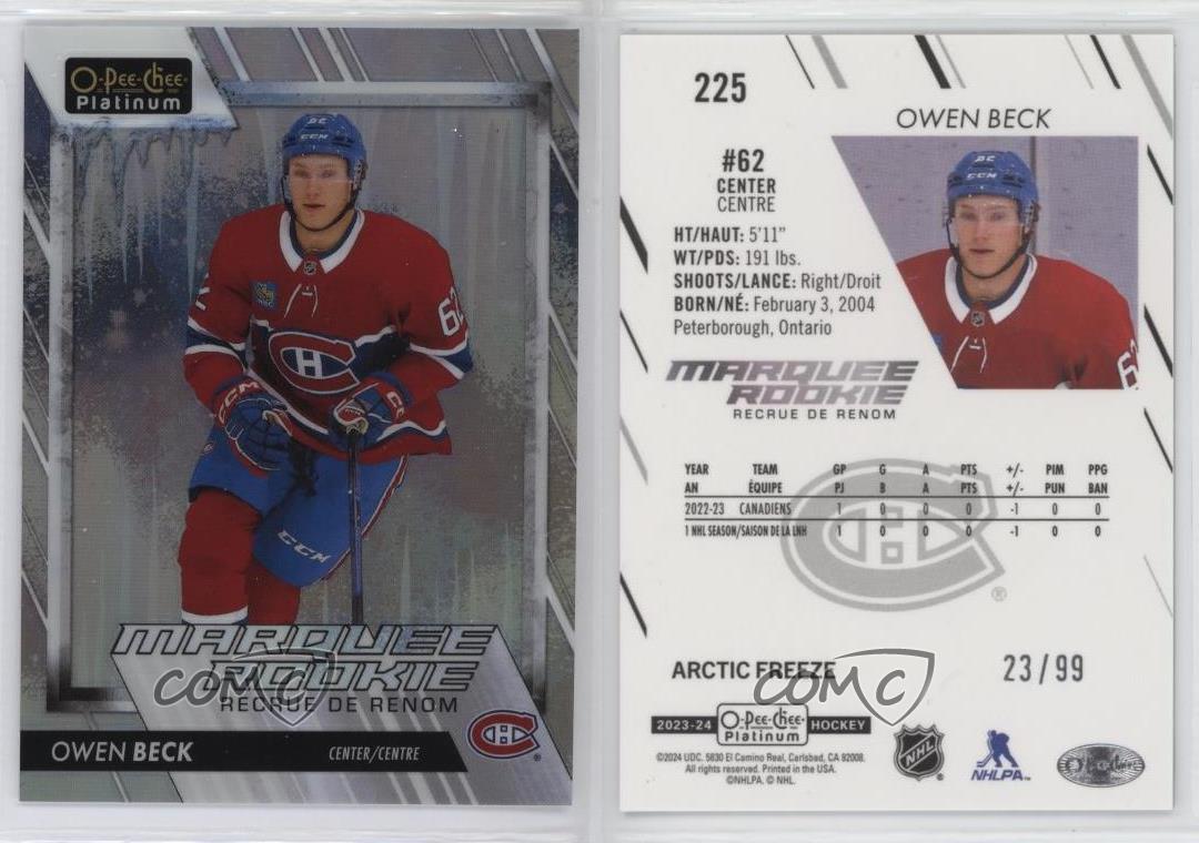 2023 O-Pee-Chee Platinum Marquee Rookies Arctic Freeze /99 Owen Beck Rookie RC - Foto 3 di 3