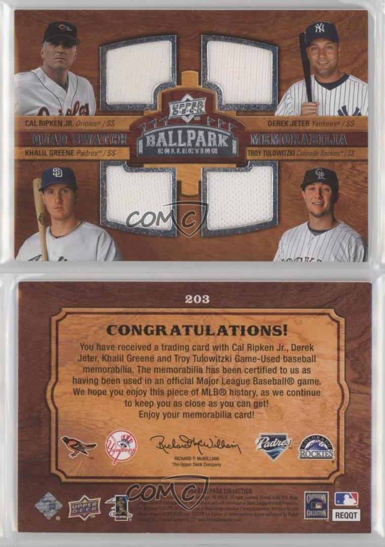 2008 Upper Deck Ballpark Quad Swatch Cal Ripken Derek Jeter