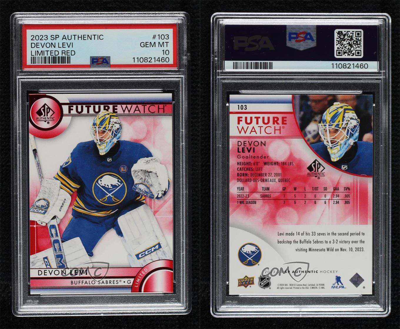 2023-24 SP Authentic Future Watch Red Limited Devon Levi PSA 10 GEM MT Rookie RC - Picture 3 of 3