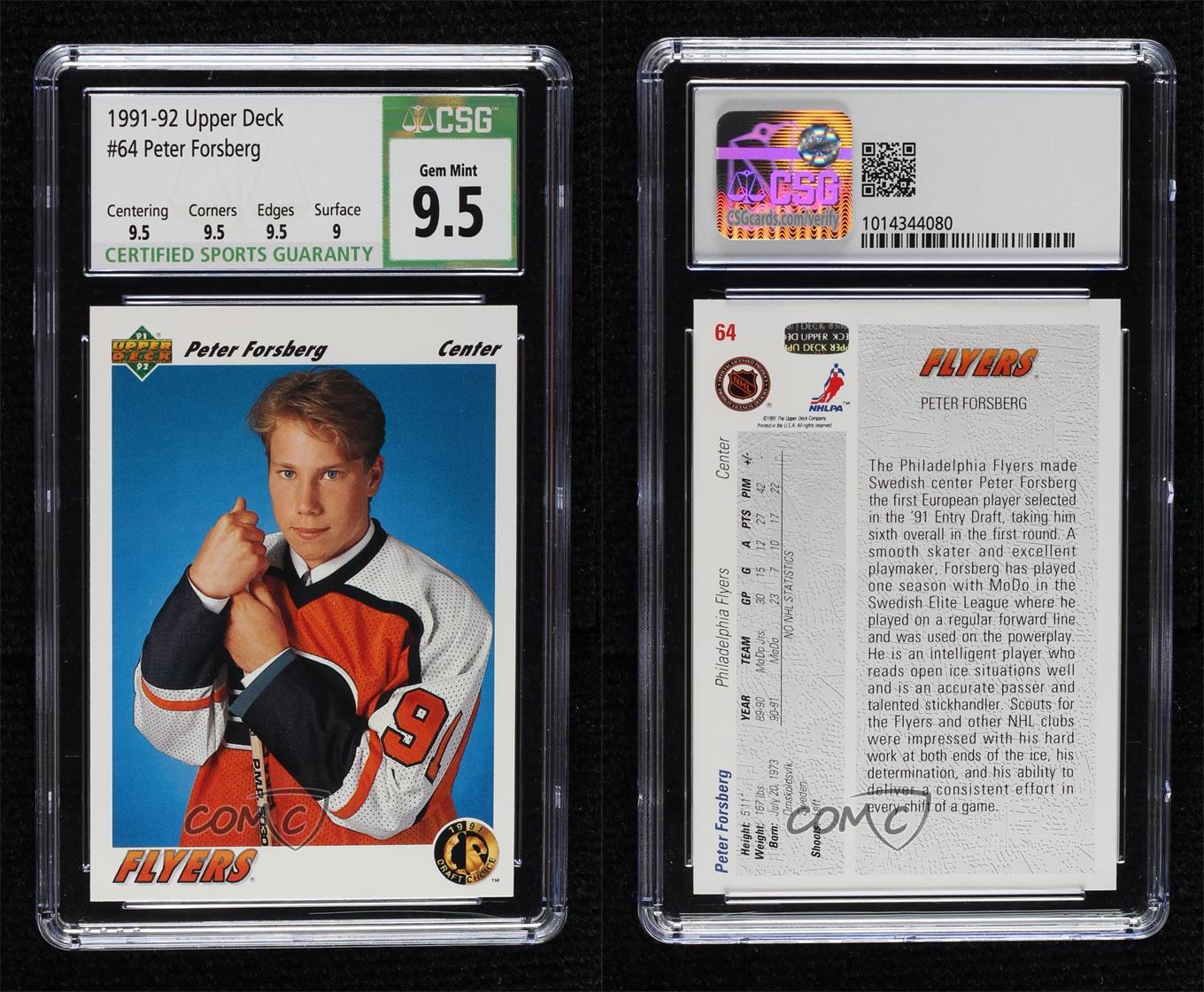 1991 Upper Deck Draft Choice Peter Forsberg #64 CSG 9.5 Gem Mint Rookie RC HOF - Picture 3 of 3
