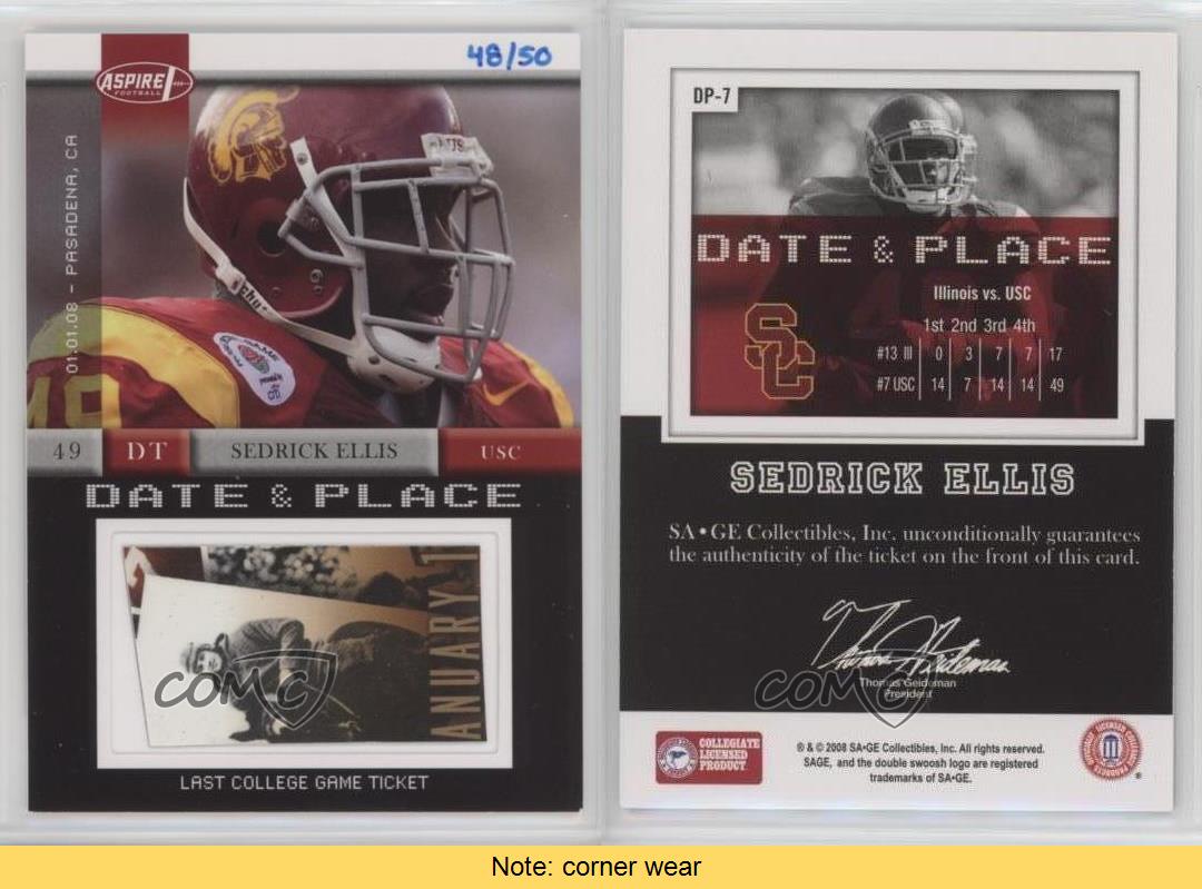 2008 SAGE Aspire Date & Place Tickets /50 Sedrick Ellis #DP-7 Rookie RC - Picture 3 of 3