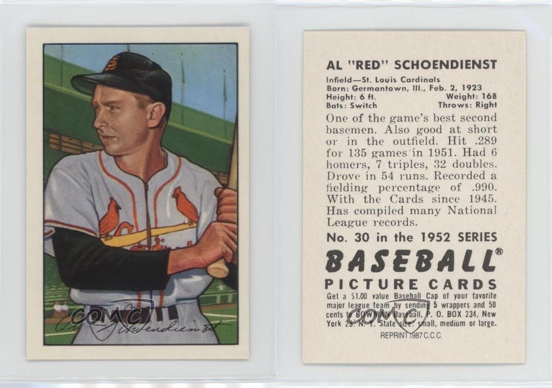 1987 CCC 1952 Bowman Reprints Red Schoendienst #30 HOF - Picture 3 of 3