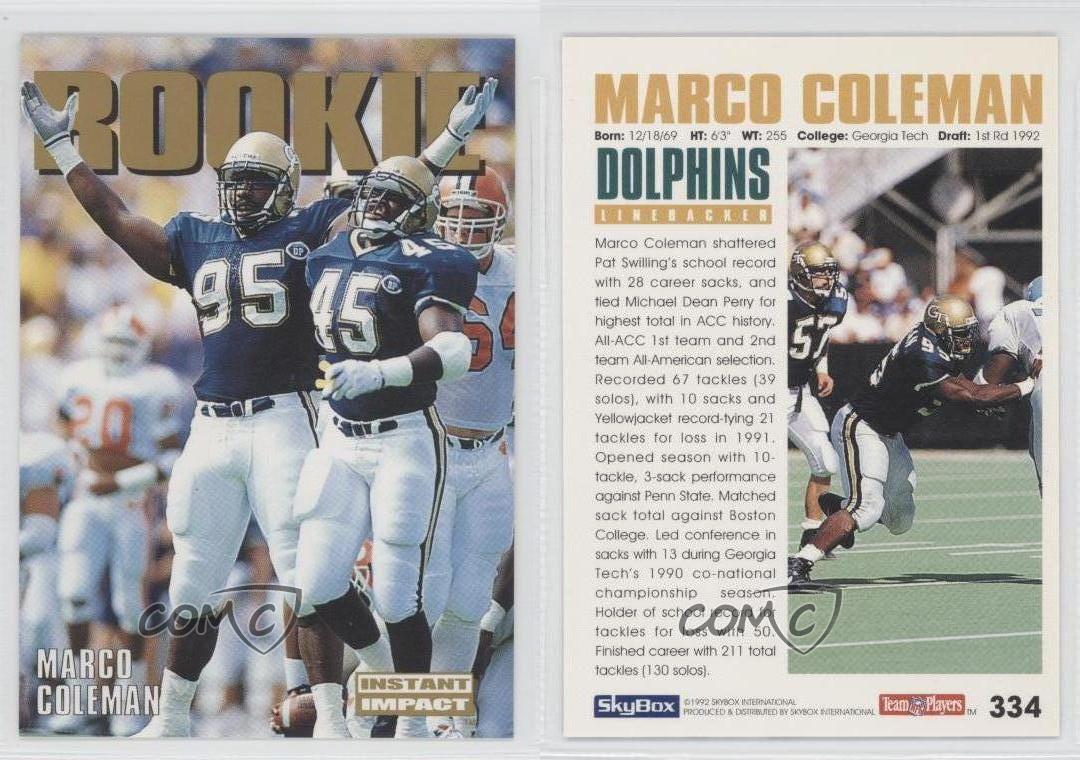 1992 SkyBox Impact Marco Coleman Royal Crown Miami Dolphins #334 