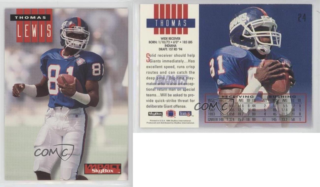 1994 Skybox Impact Rookie Redemption Thomas Lewis #24 RC - Bild 3 von 3