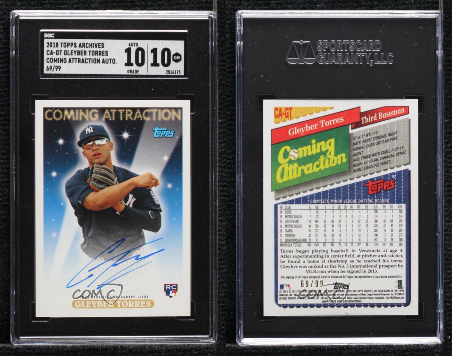 2018 Topps Archives /99 Gleyber Torres #CA-GT SGC 10 GEM Rookie Auto RC - Bild 3 von 3