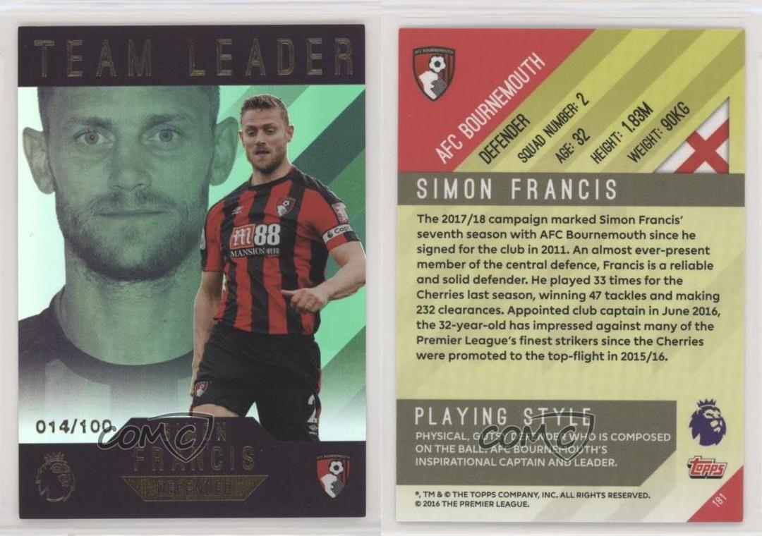 Simon Francis team leader 2017//18 Topps Premier League GOLD Soccer