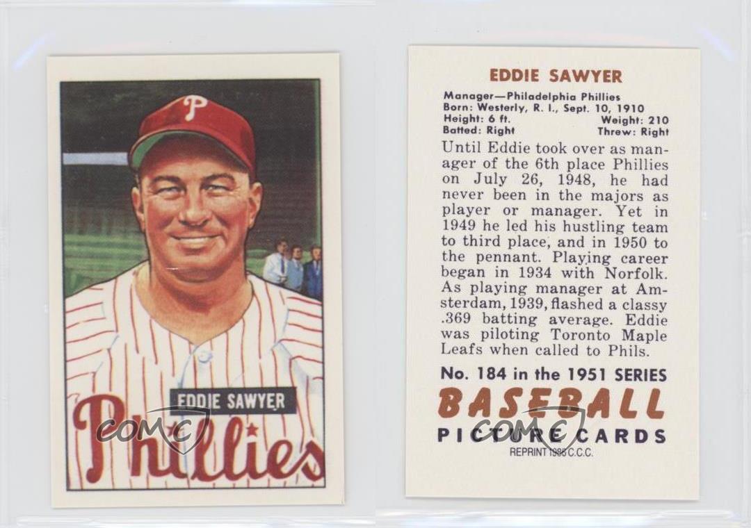 1986 CCC 1951 Bowman Reprints Eddie Sawyer #184 - Picture 4 of 4