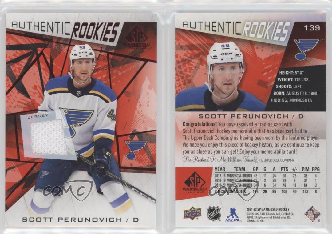 2021 SP Game Used Authentic Rookies Red Jerseys Scott Perunovich #139 Rookie RC