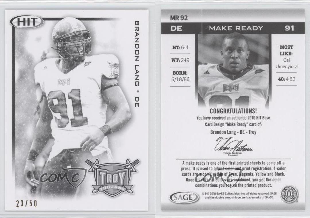 2010 SAGE Hit Black Make Ready /50 Brandon Lang #MR92 - Picture 3 of 3