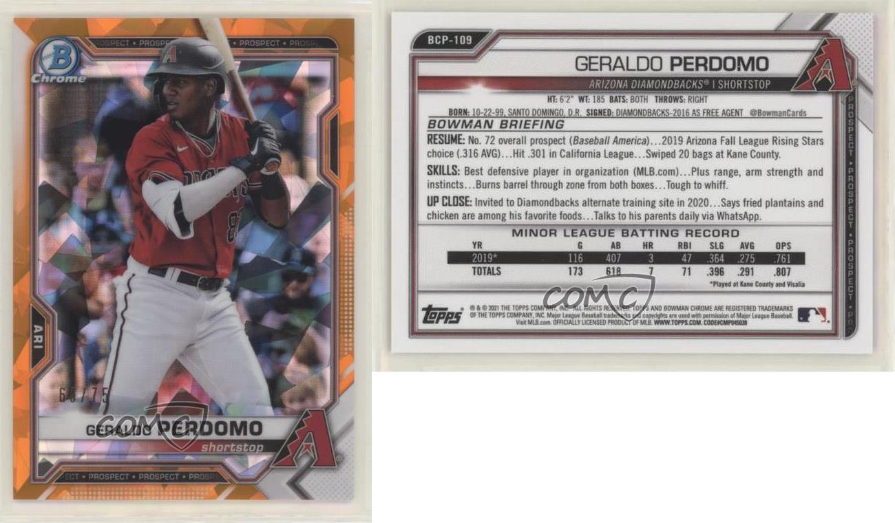 Bowman Sapphire Edition 2021 rifrattore arancione /75 Geraldo Perdomo Rookie RC - Foto 3 di 3
