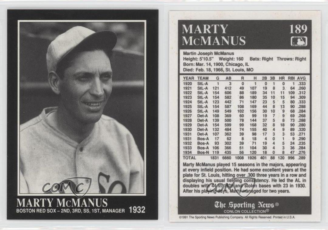 1991 The Sporting News Conlon Collection #189 Marty McManus Boston Red ...