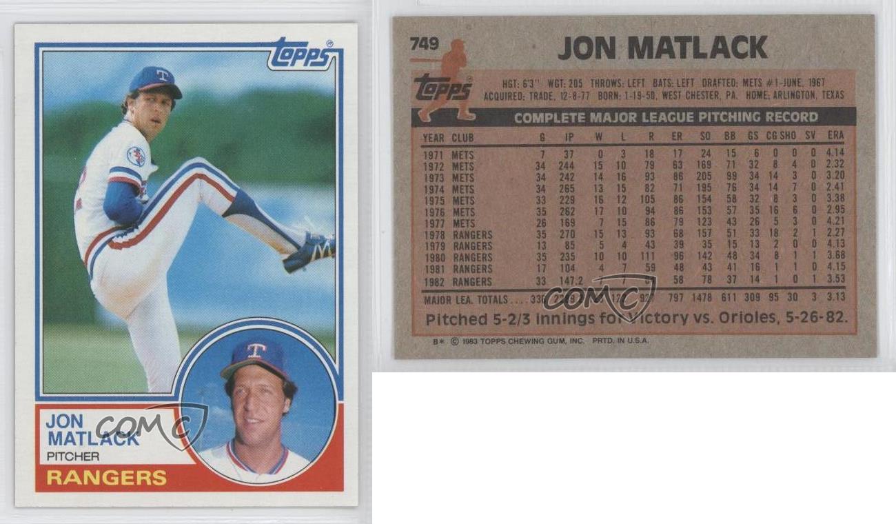 Jon Matlack signed Baseball Card (Texas Rangers) 1983 Topps #749