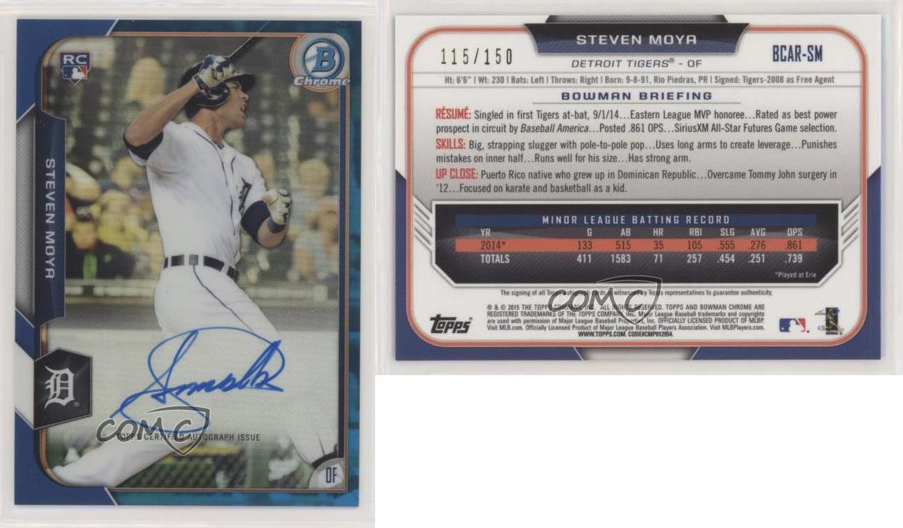 2015 Bowman Chrome Rookie Auto Blu Rifrattore /150 Steven Moya #BCAR-SM Auto RC - Foto 3 di 4